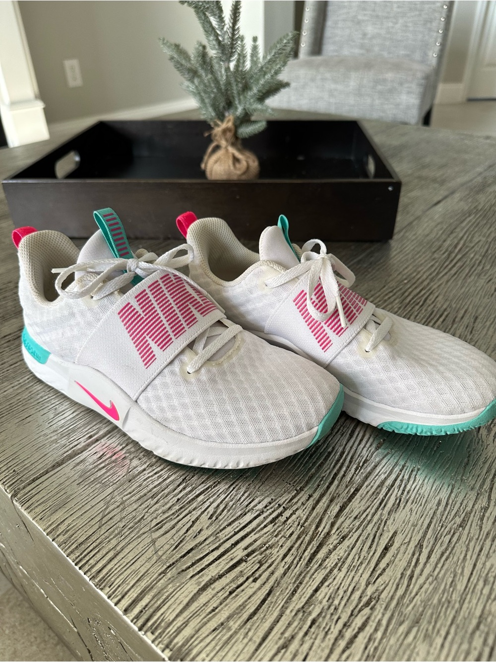 Nike Women’s White Sneakers with Pink and Teal Accents